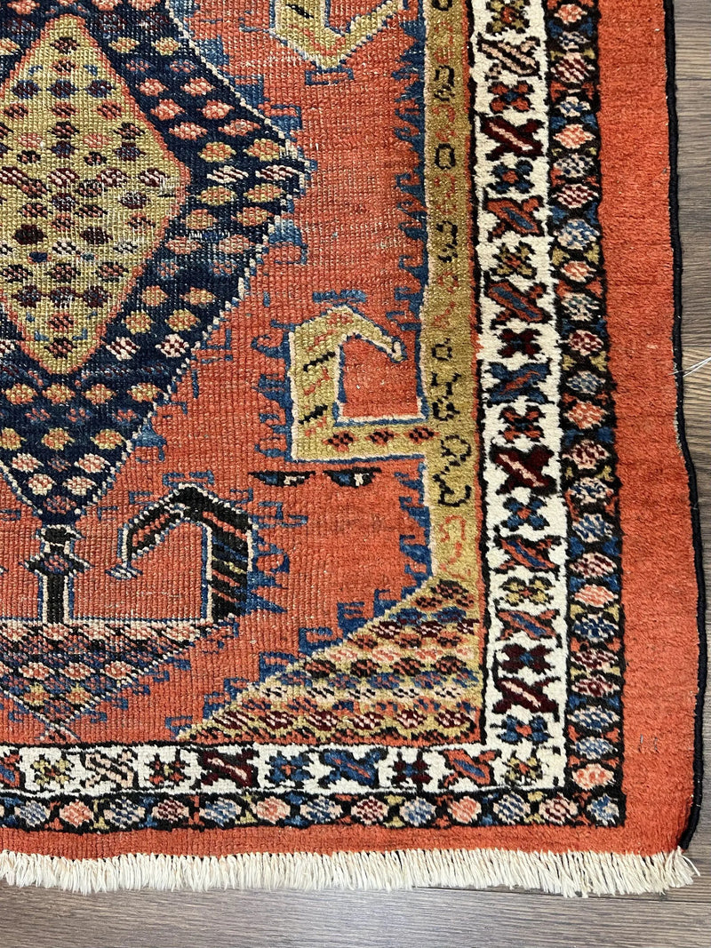 Rare Persian Tribal Runner Rug 3 x 11, Sarab Serab Persian Runner, Antique 1920s Collectible Geometric Medallions Oriental Wool Runner, Hand Knotted, Bright Orange-Red by Jewel Rugs