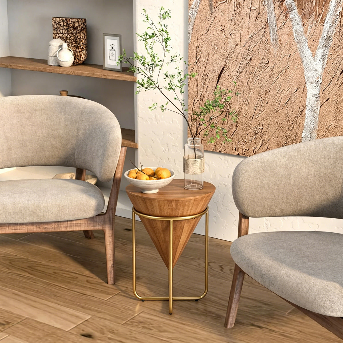 Minimalist & Luxe Wood Side Table with Solid Wood Top - Brown & Gold, photo 2 of 10