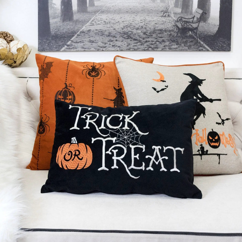 Halloween Lumbar Pillow – Embroidered ‘Trick or Treat’ Black Cushion with Insert by HouseOfZazla