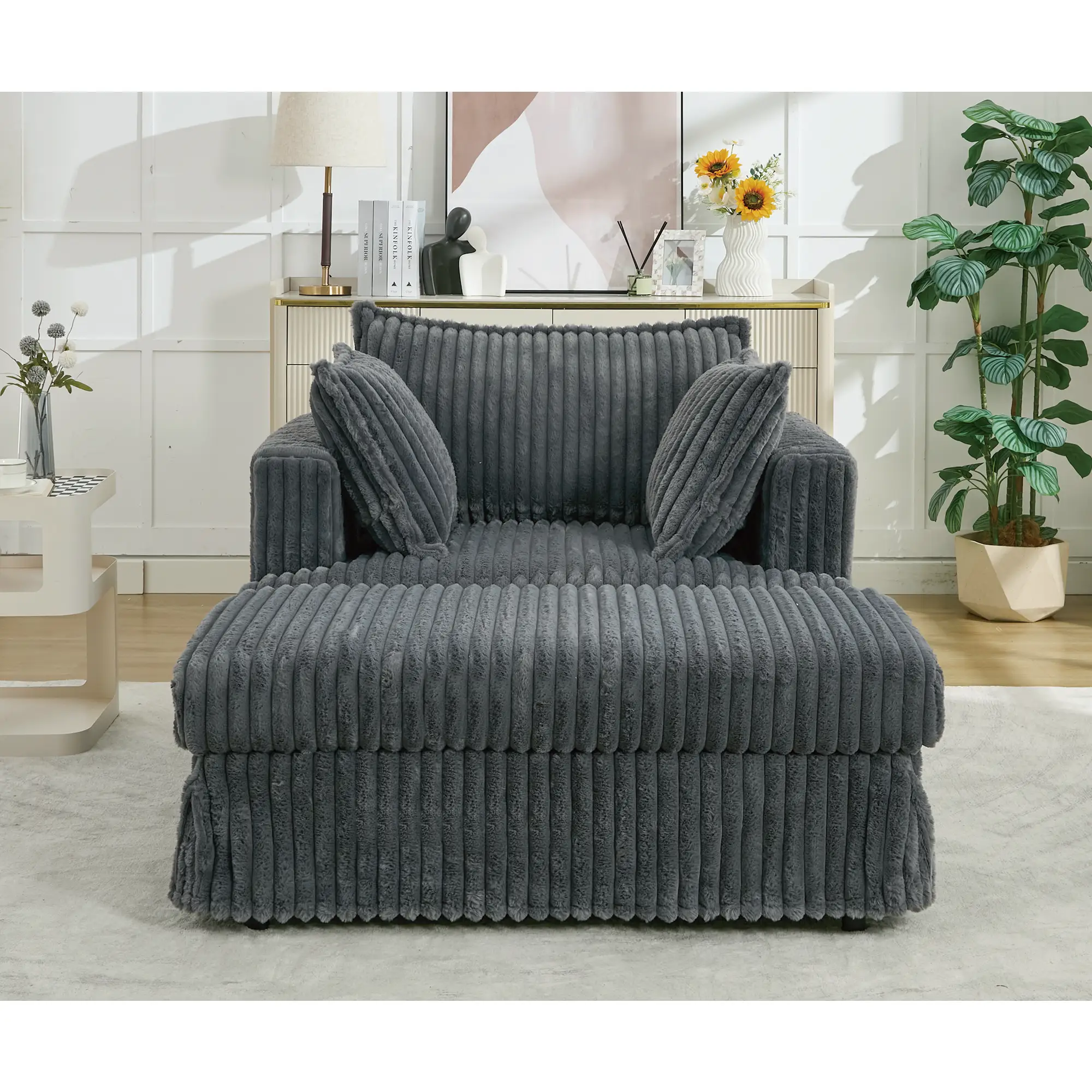 Oversized Corduroy Chaise Lounge with Ottoman in Dark Gray by HouseOfZazla
