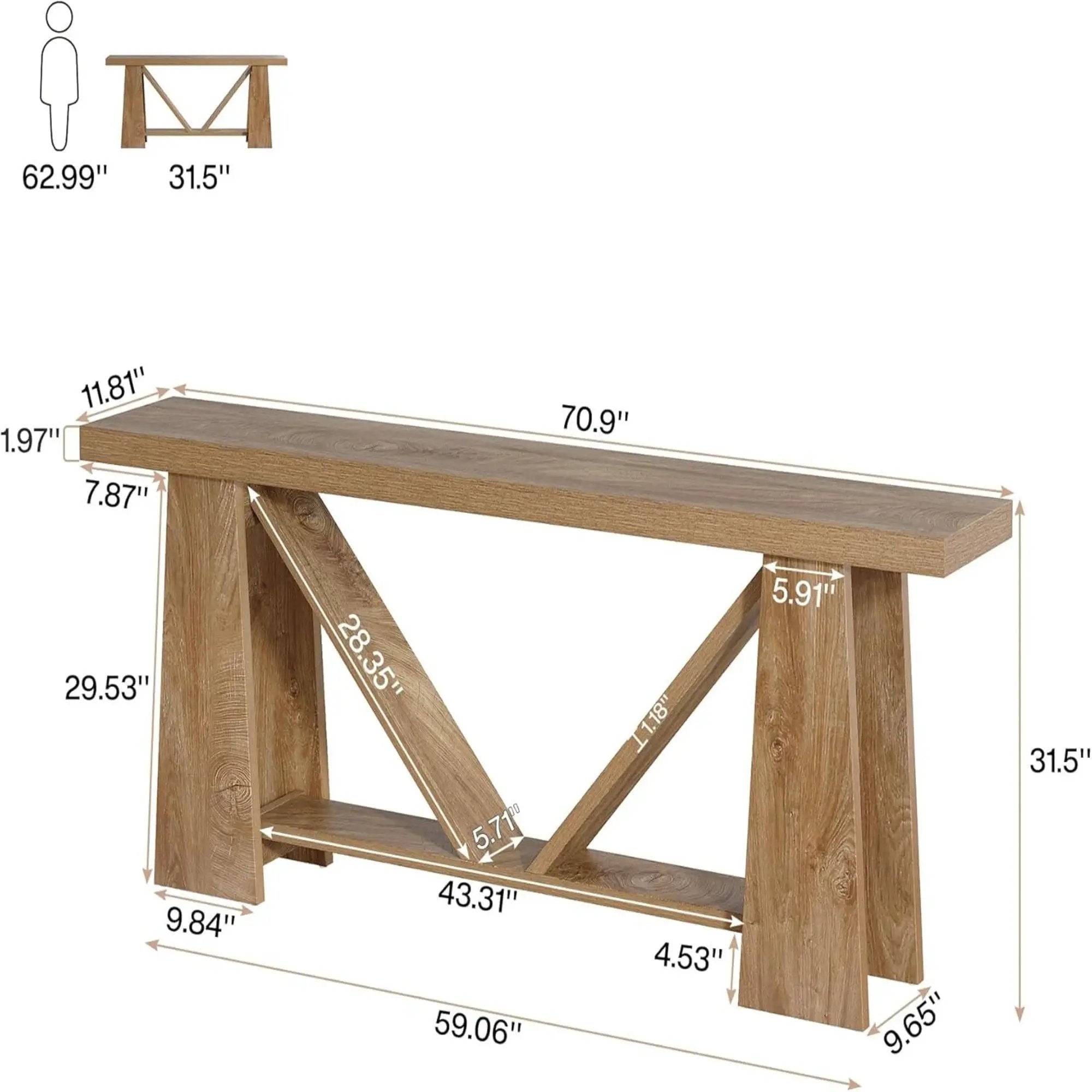 Slim 2 Tier Entryway Accent Extra Long Console Table For Living Room - Natural / Light Brown by HouseOfZazla