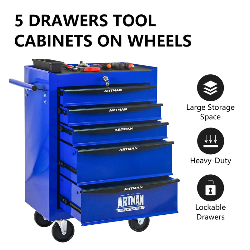 Rolling Metal Tool Chest with 5 Drawers - Black+Blue, photo 2 of 10