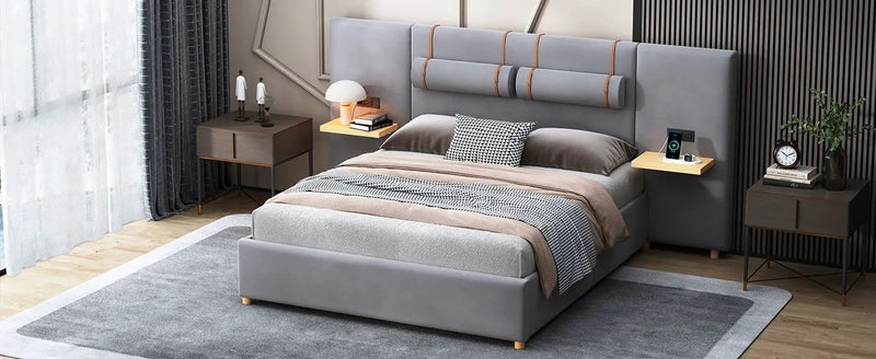 Upholstered Platform Bed, 2 Outlets And USB Charging Ports On Both Sides, 2 Bedside Pillows, Storage Shelves by HouseOfZazla
