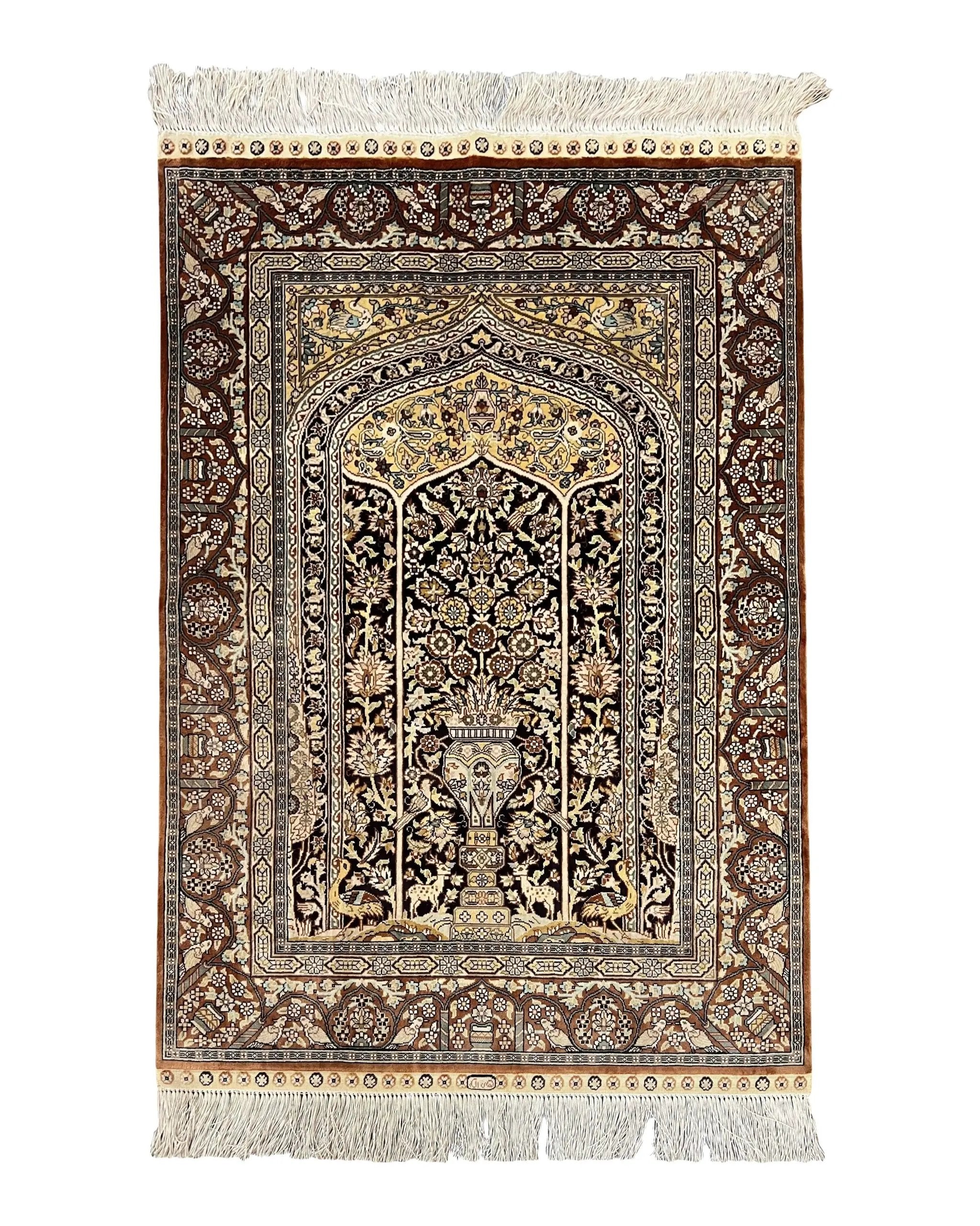 Turkish Silk Hereke Rug 2x3, Floral Vase Tree of Life Birds, Silk Pile on Silk Foundation, Vintage Oriental Carpet, Very Fine, Signature by Jewel Rugs
