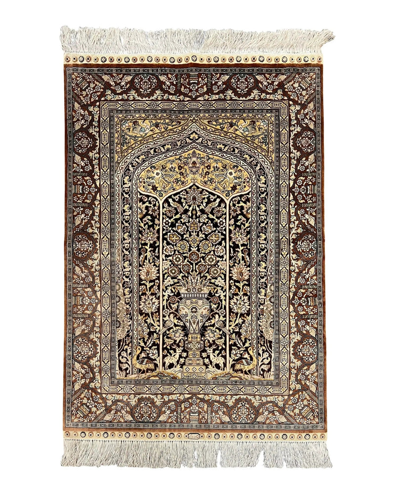 Turkish Silk Hereke Rug 2x3, Floral Vase Tree of Life Birds, Silk Pile on Silk Foundation, Vintage Oriental Carpet, Very Fine, Signature by Jewel Rugs