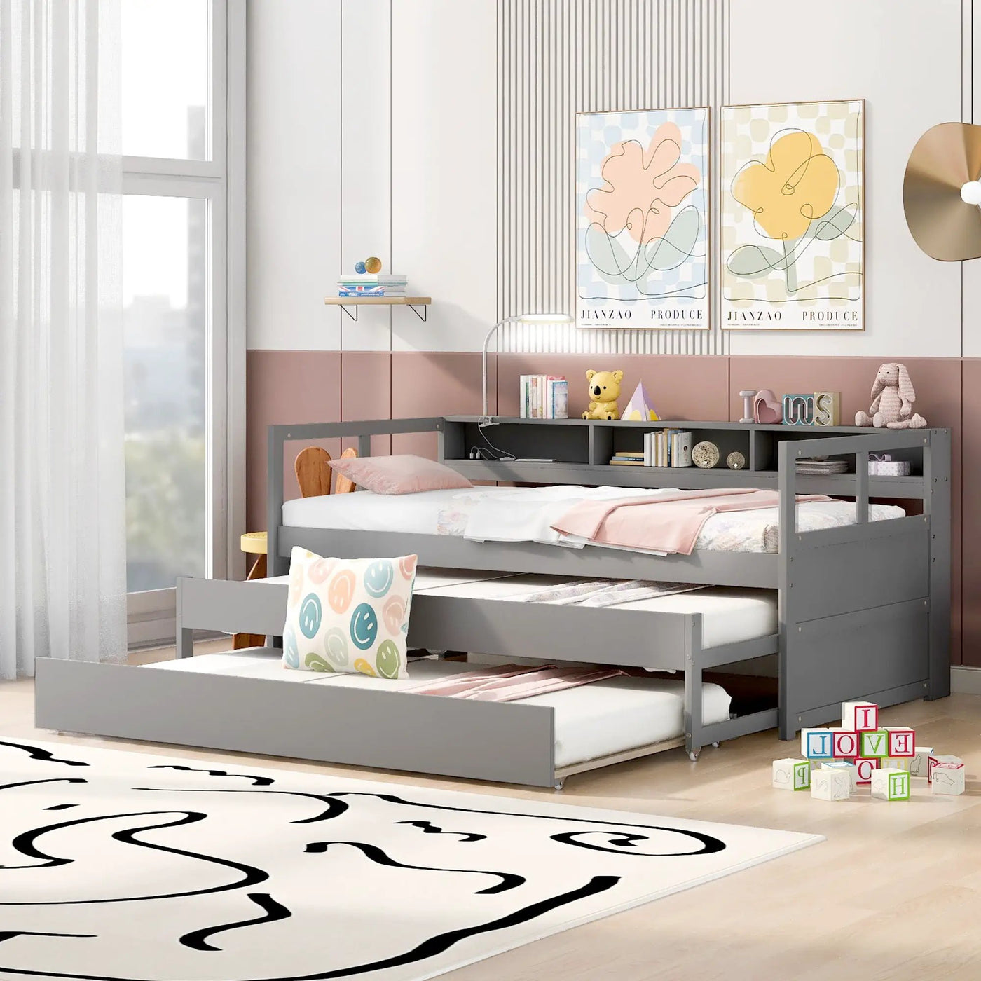 Daybed With 2 Trundles, 3 Storage Cubbies, Built In USB Charging Light by Unique Piece Furniture