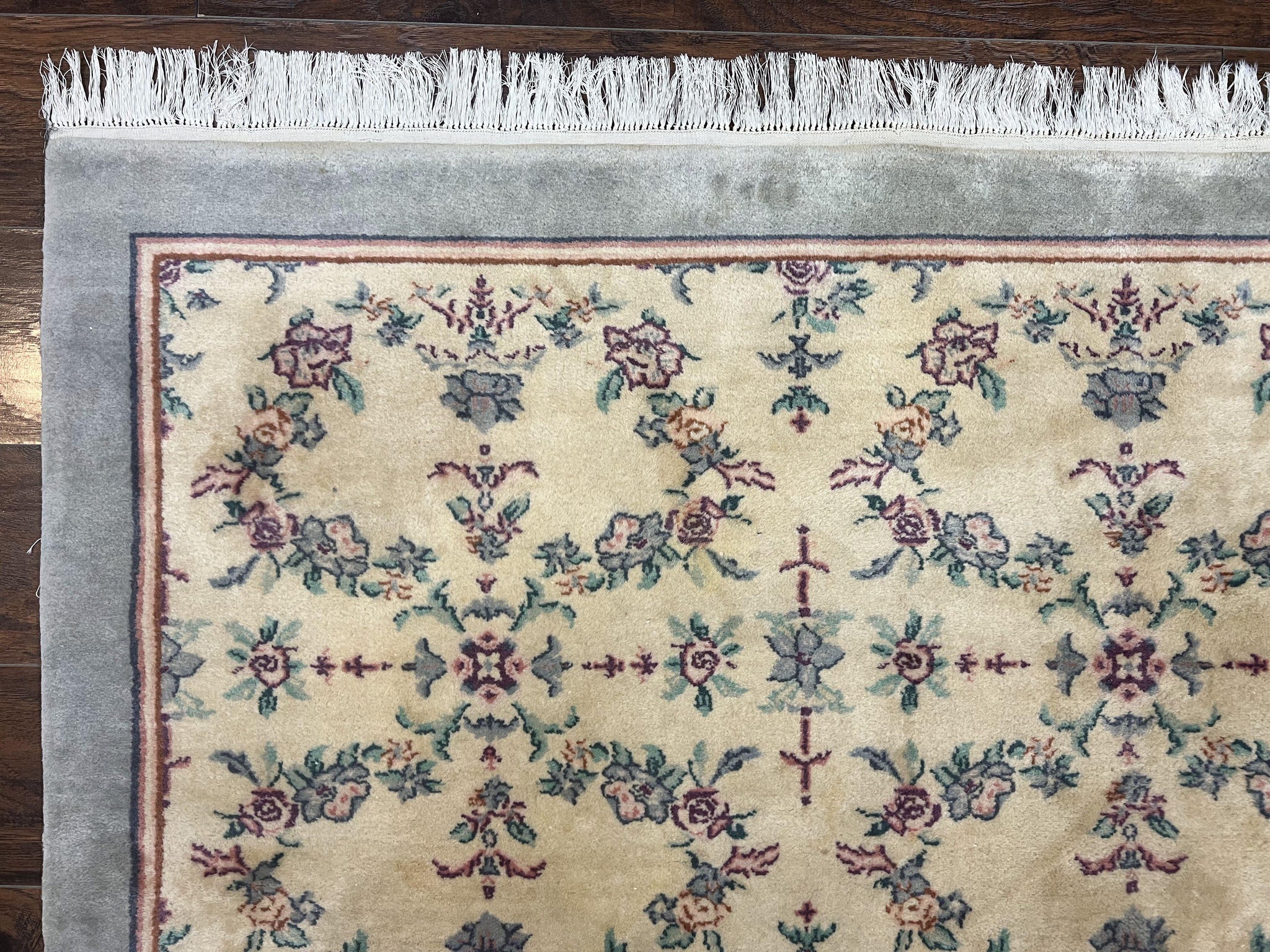 Sino Persian Rug 8x10, Floral, Oatmeal and Light Teal, Handmade Wool Vintage Carpet by Jewel Rugs