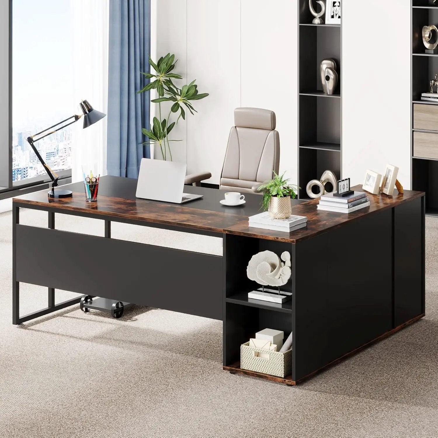 L-Shaped Executive Desk With Storage Cabinet & Shelves, Home Office Workstation With Cpu Stand And Printer Station - Brown / Black by HouseOfZazla