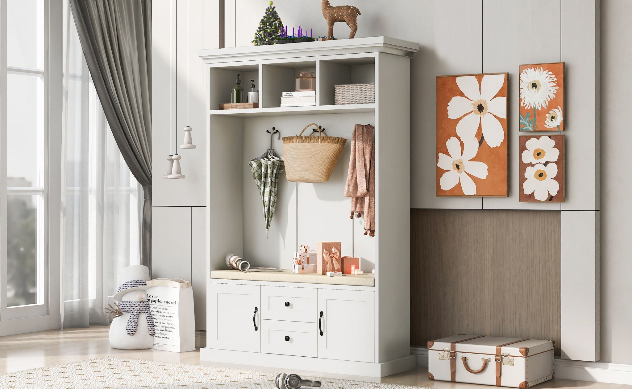 Hall Tree With 3 Hooks, Coat Hanger, Entryway Bench, Storage Bench, 3 In 1 Design by HouseOfZazla