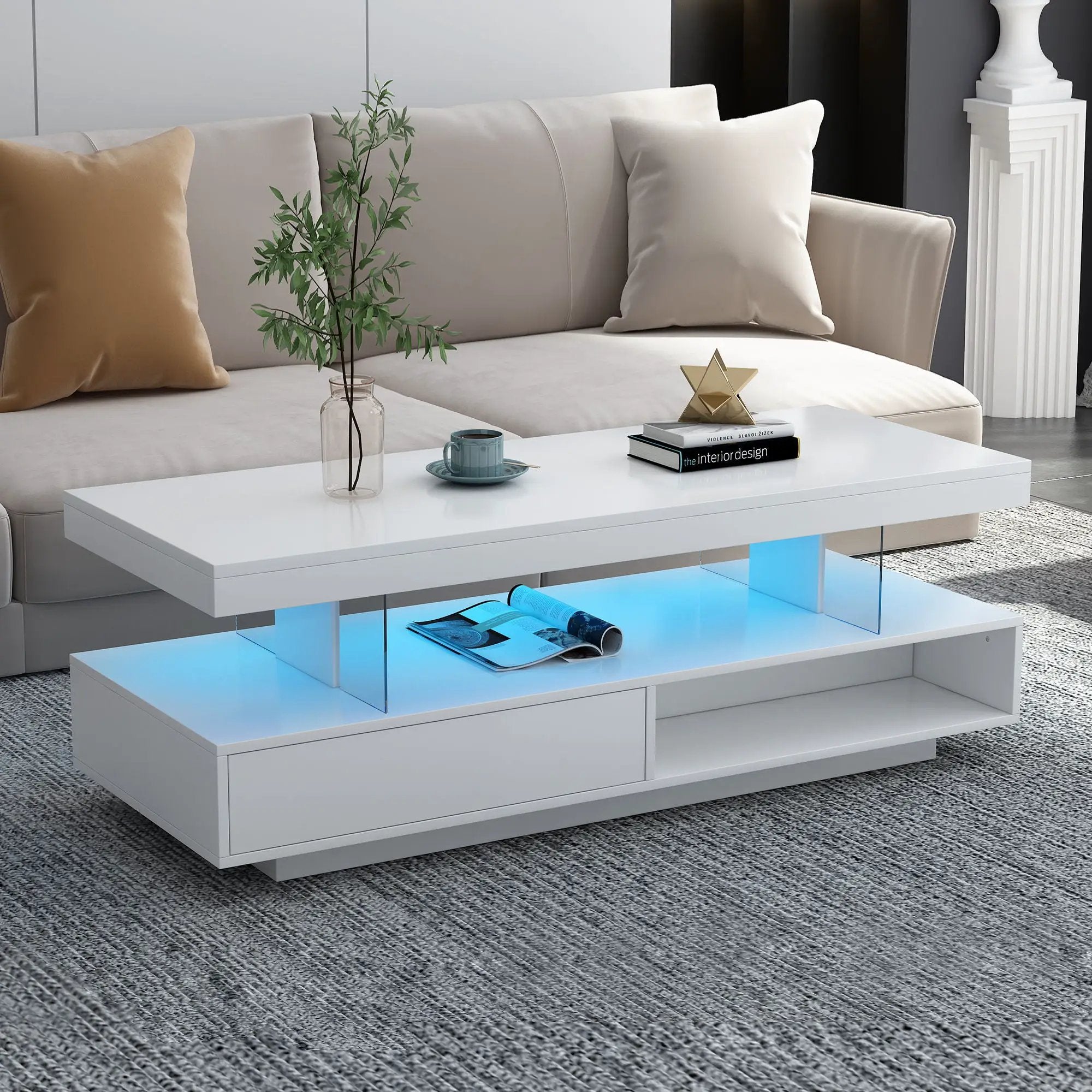 LED Coffee Table With 2 Drawers And Display Shelves by Unique Piece Furniture