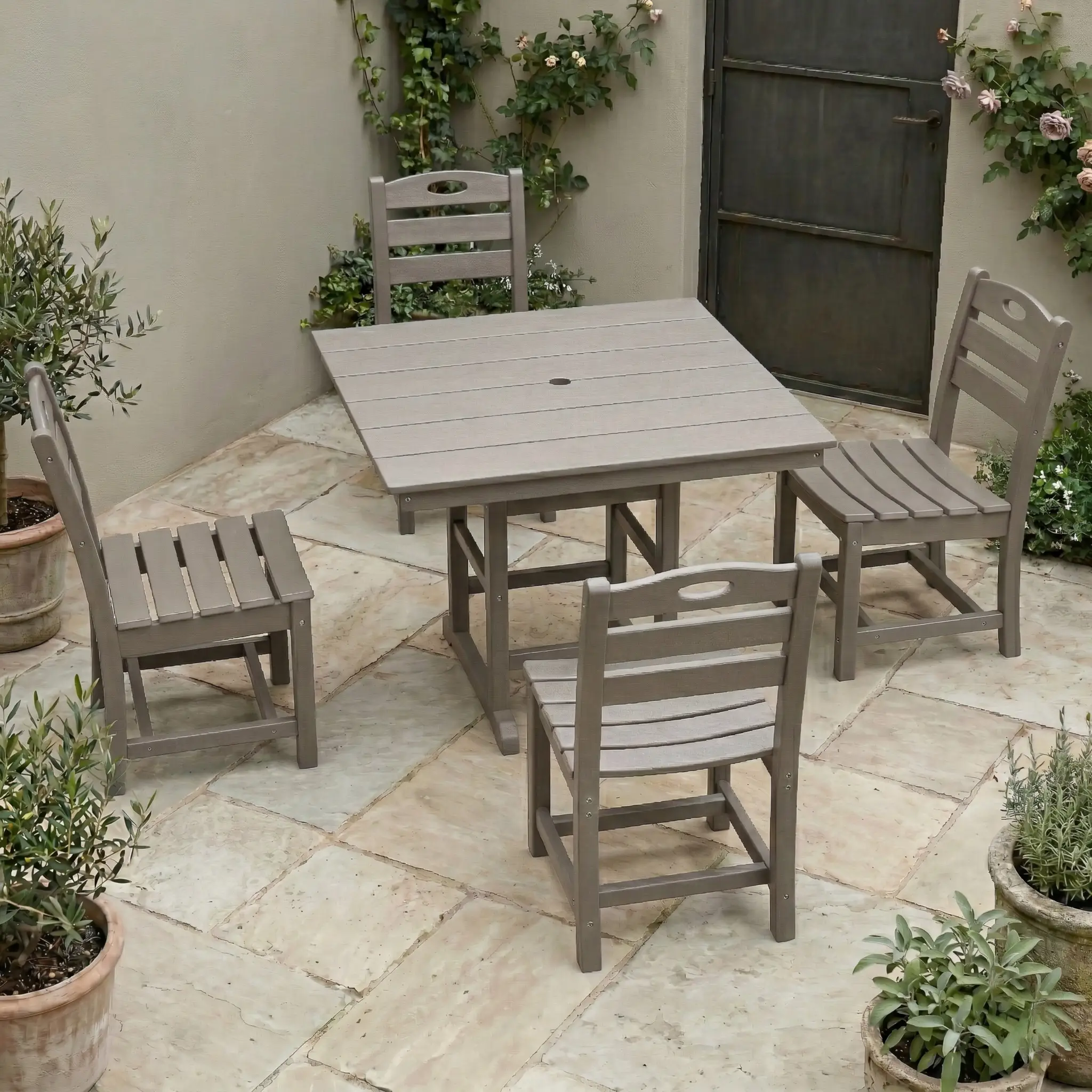 Antique Wood Color HDPE 5-Piece Outdoor Patio Dining Set with Square Table and 4 Armless Chairs, Umbrella Hole by HouseOfZazla