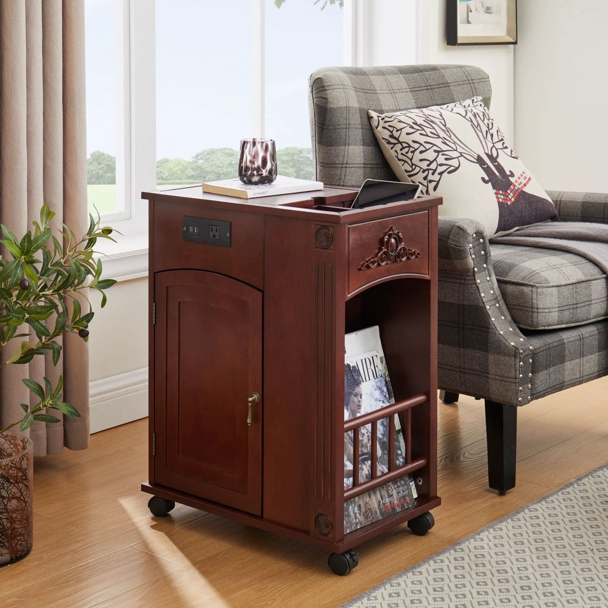 Traditional End Table With Charging Station, Narrow Side Table With USB Ports And Outlets - Red Walnut by HouseOfZazla