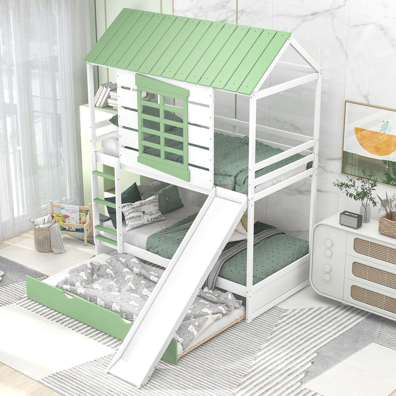 Twin Over Twin House Bunk Bed with Convertible Slide and Trundle - White, photo 2 of 14