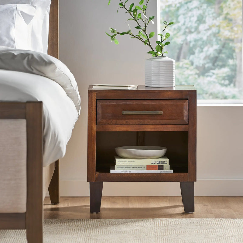 End Table in Brown Acacia Wood with Storage Drawer and Shelf by HouseOfZazla
