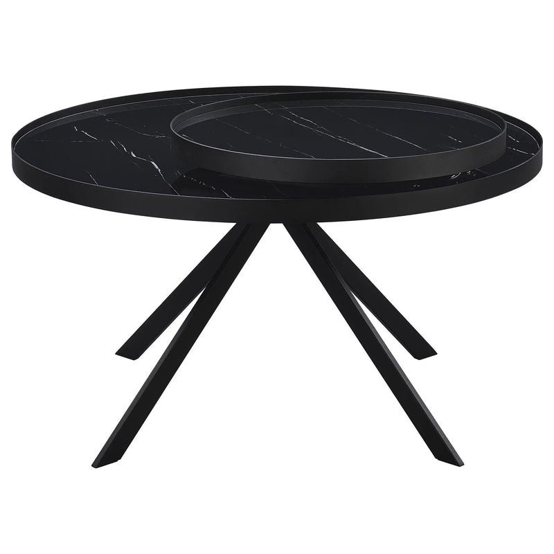 Briggs Round Marble Printed Glass Top Coffee Table Black by Unique Piece Furniture