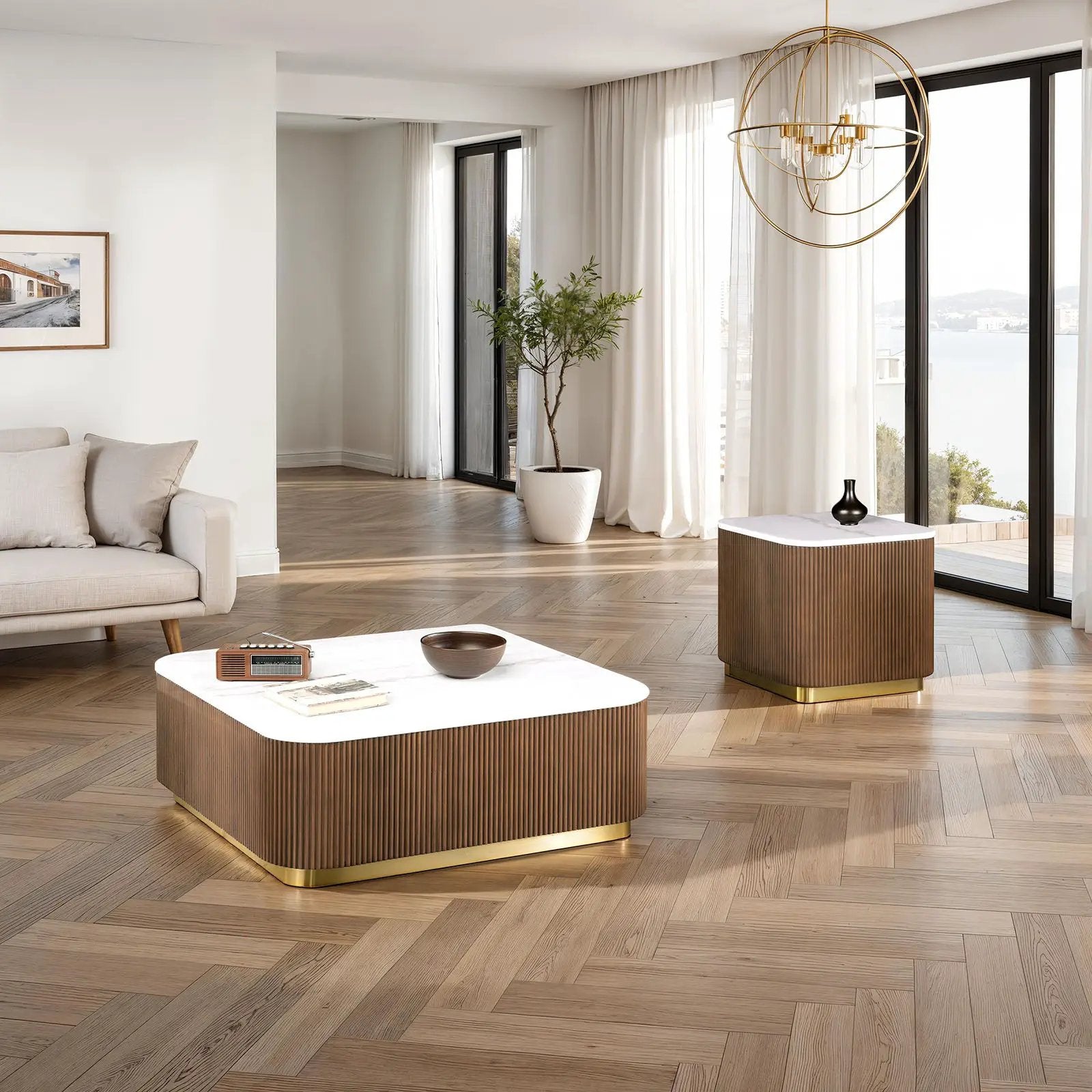 3 Piece Table Set, Square Cocktail Table & 2 Square End Tables - Brown / Gold / White by Unique Piece Furniture