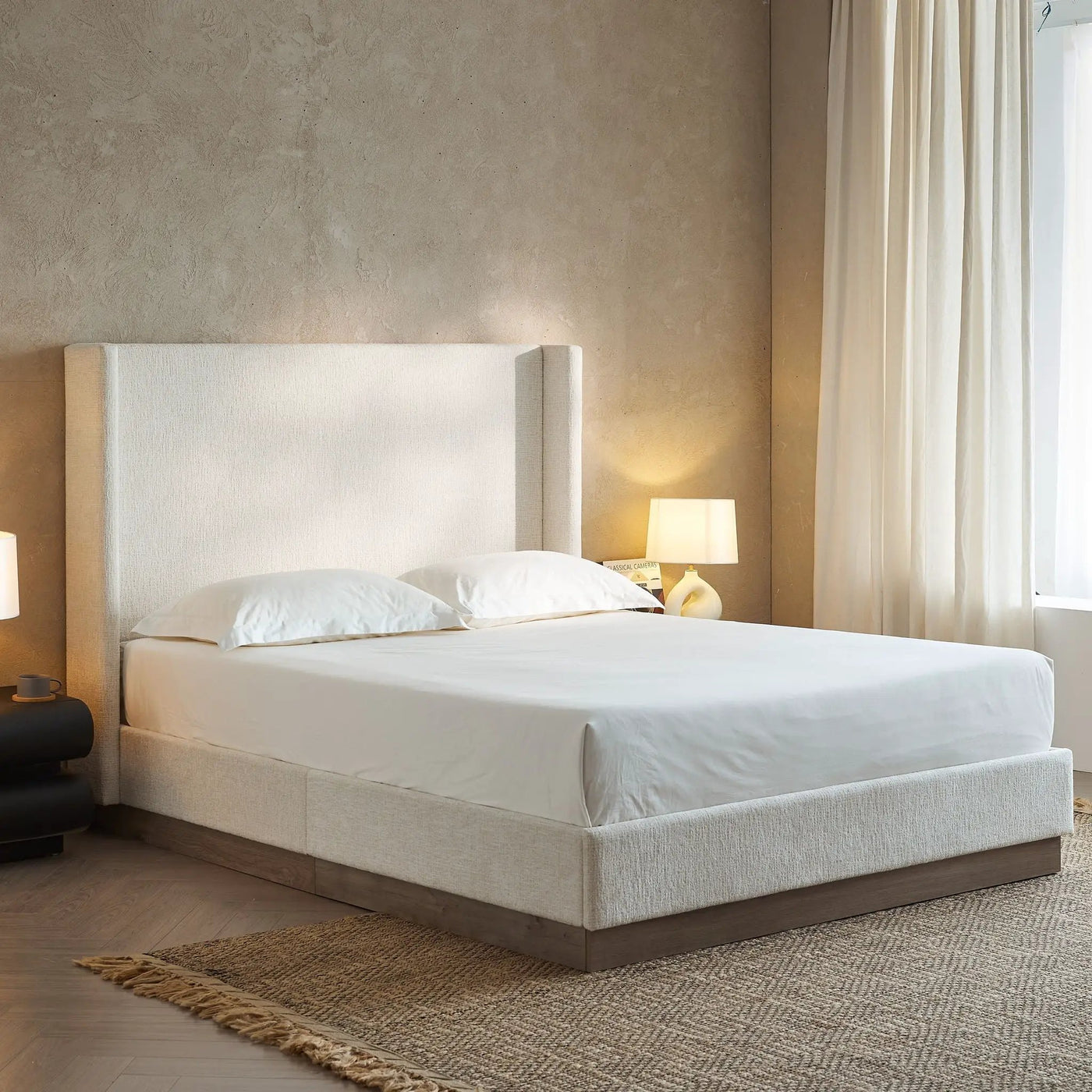 Hosford - Minimalist Upholstered Wingback Bed With Wood Base Platform by HouseOfZazla