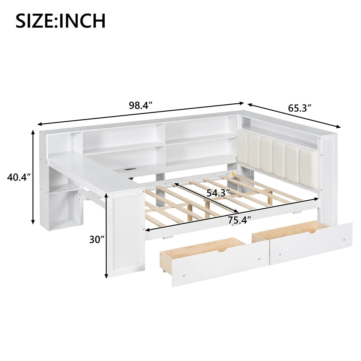 Platform Bed With Storage Shelves, Drawers, Charging Station, LED, Desk by HouseOfZazla