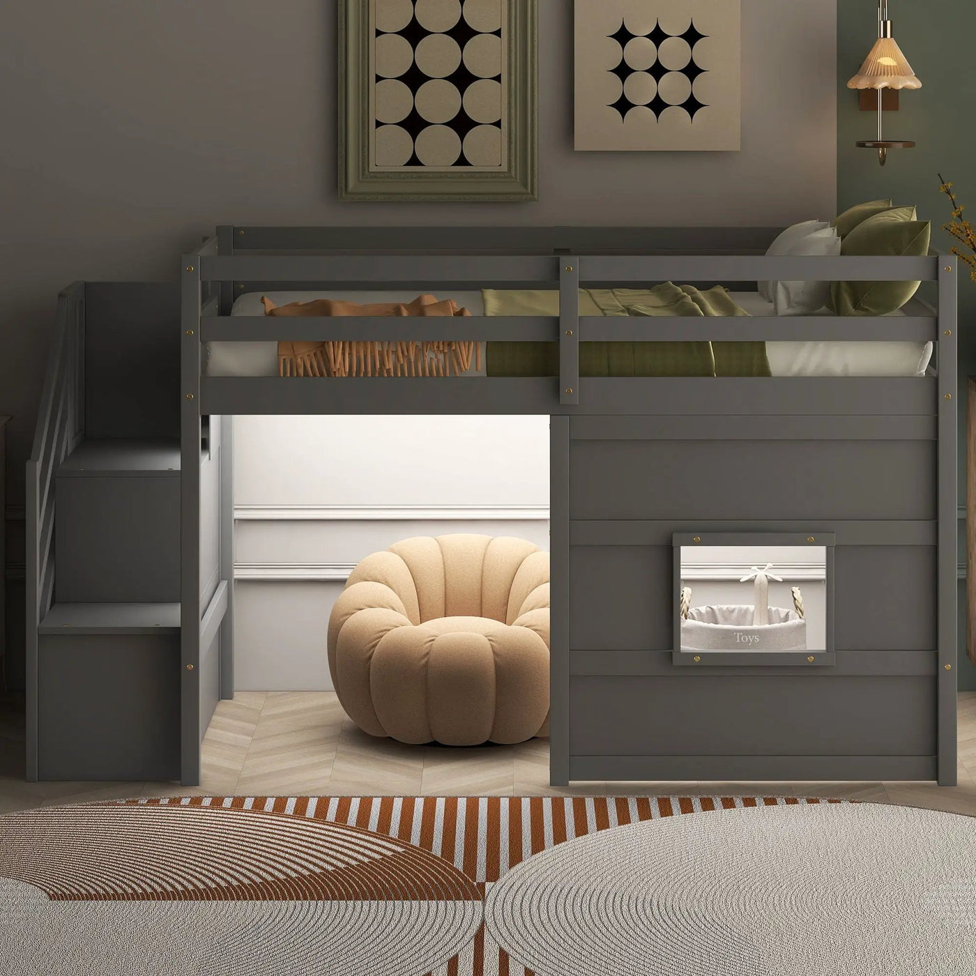 Loft Bed With Storage Staircase, Window & LED Light by HouseOfZazla