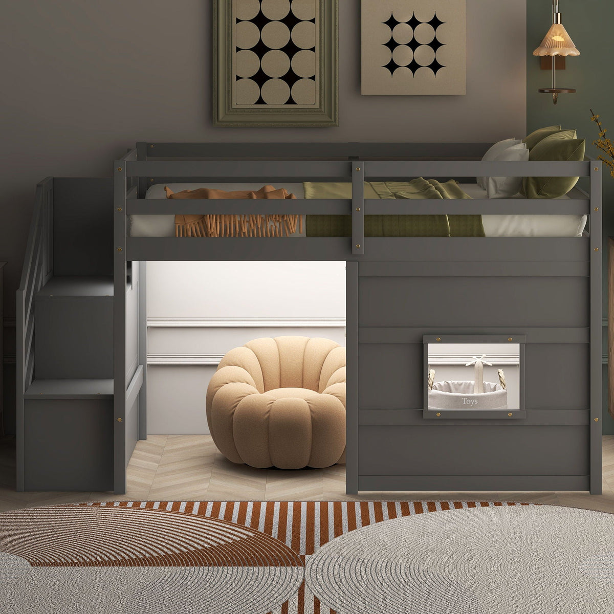 Twin Loft Bed with Storage Staircase, Window & LED Light - White or Dark Gray, photo 6 of 34