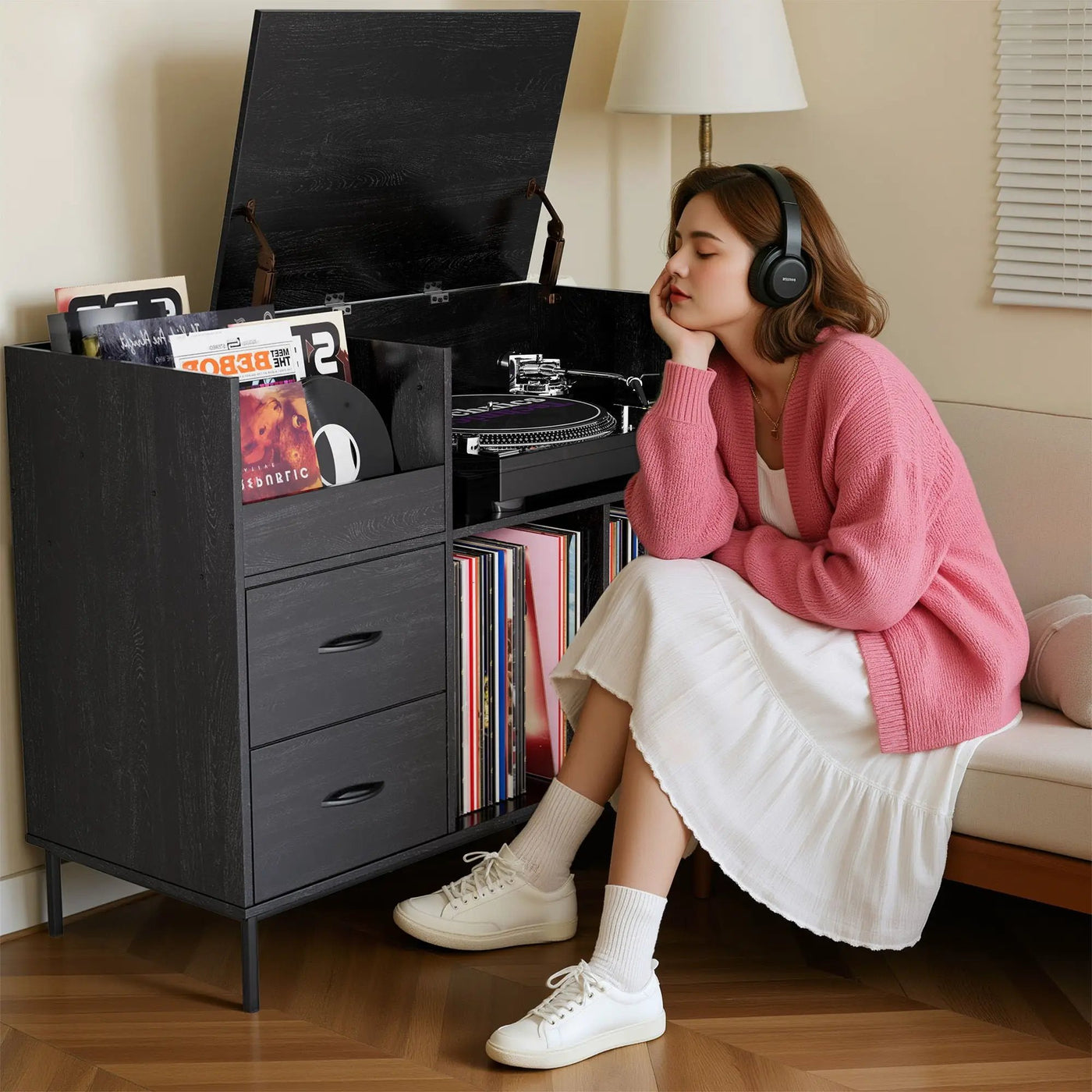 Eco-Friendly Vinyl Record Player Stand With Flip-Top Storage, Media Console With Dual Outlets And Dustproof Drawers by HouseOfZazla