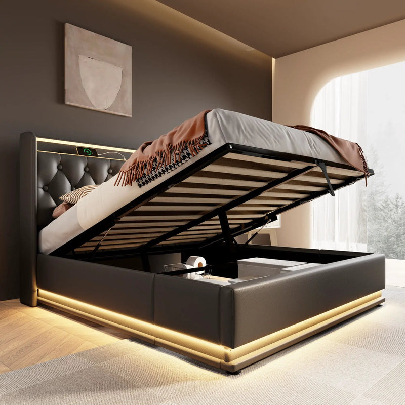 Upholstered Bed, 360 Surround LED Function, Remote Control, Hydraulic Storage Bed With USB, Type-C Charging (Without Mattress) by HouseOfZazla