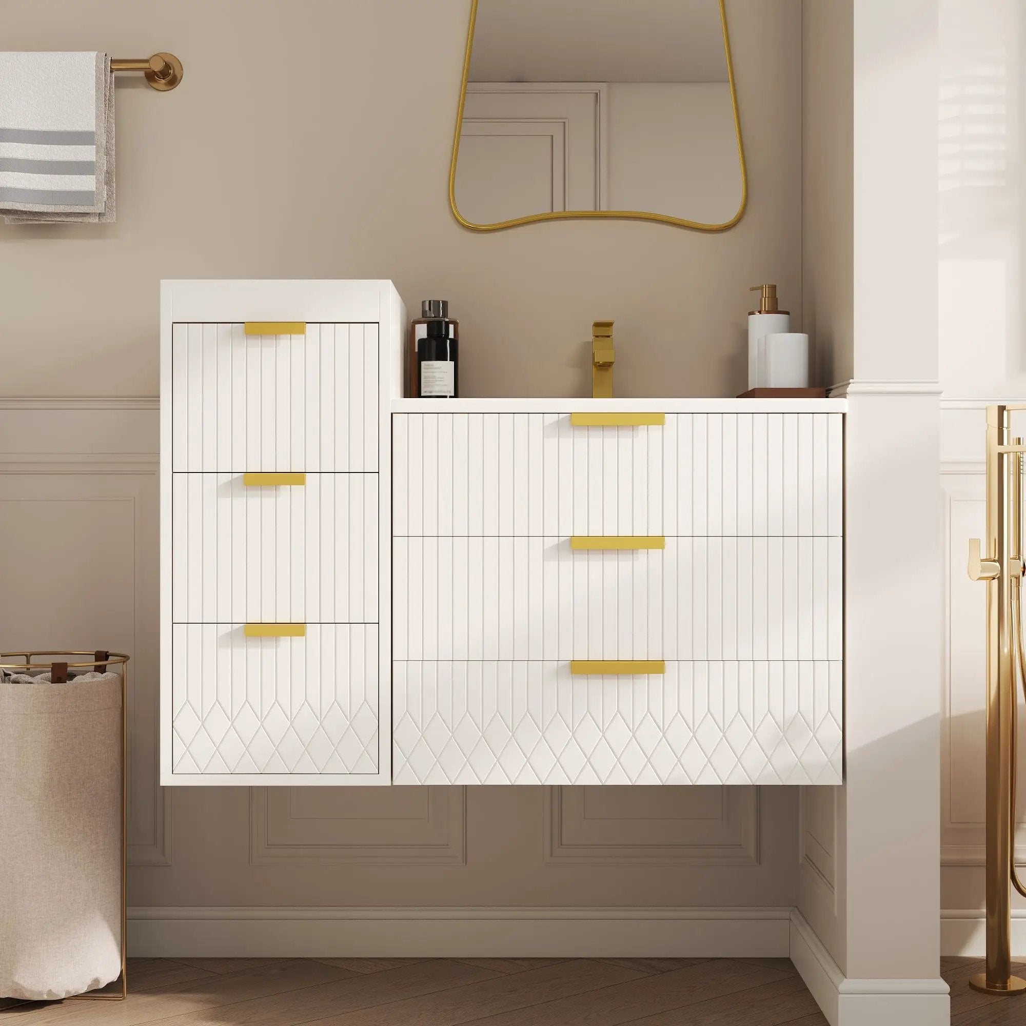 Wall Mounted Floating Cabinet With Side Cabinet Combo, Rectangular Ceramic Sink Vanity by HouseOfZazla