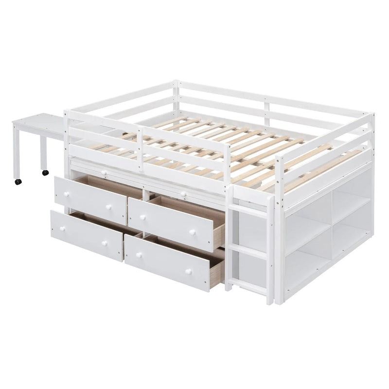 Loft Bed With Retractable Writing Desk And 4 Drawers, With Lateral Portable Desk And Shelves by HouseOfZazla
