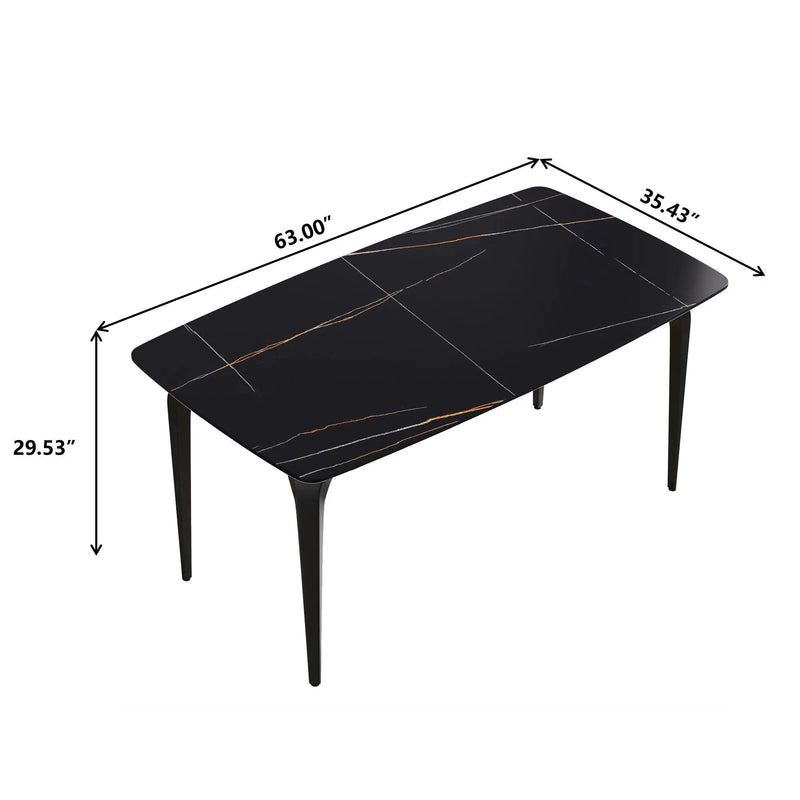 63" Artificial Stone Black Curved Black Metal Leg Dining Table, 6 People - Black by HouseOfZazla