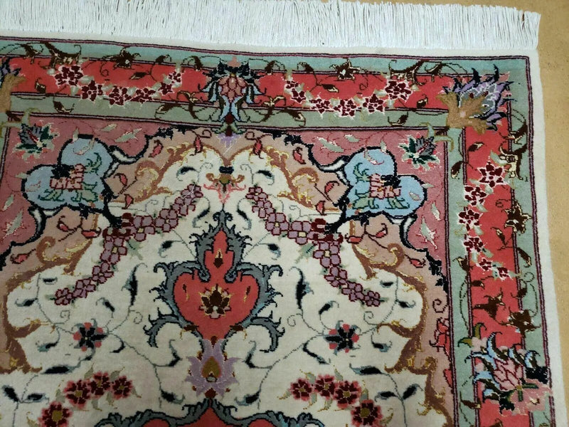 Small Vintage Persian Tabriz Wool and Silk Rug 2.5 x 4 ft, Very Finely Hand Knotted, Medallion, Ivory Salmon Light Blue, Top Quality, Pair B by Jewel Rugs