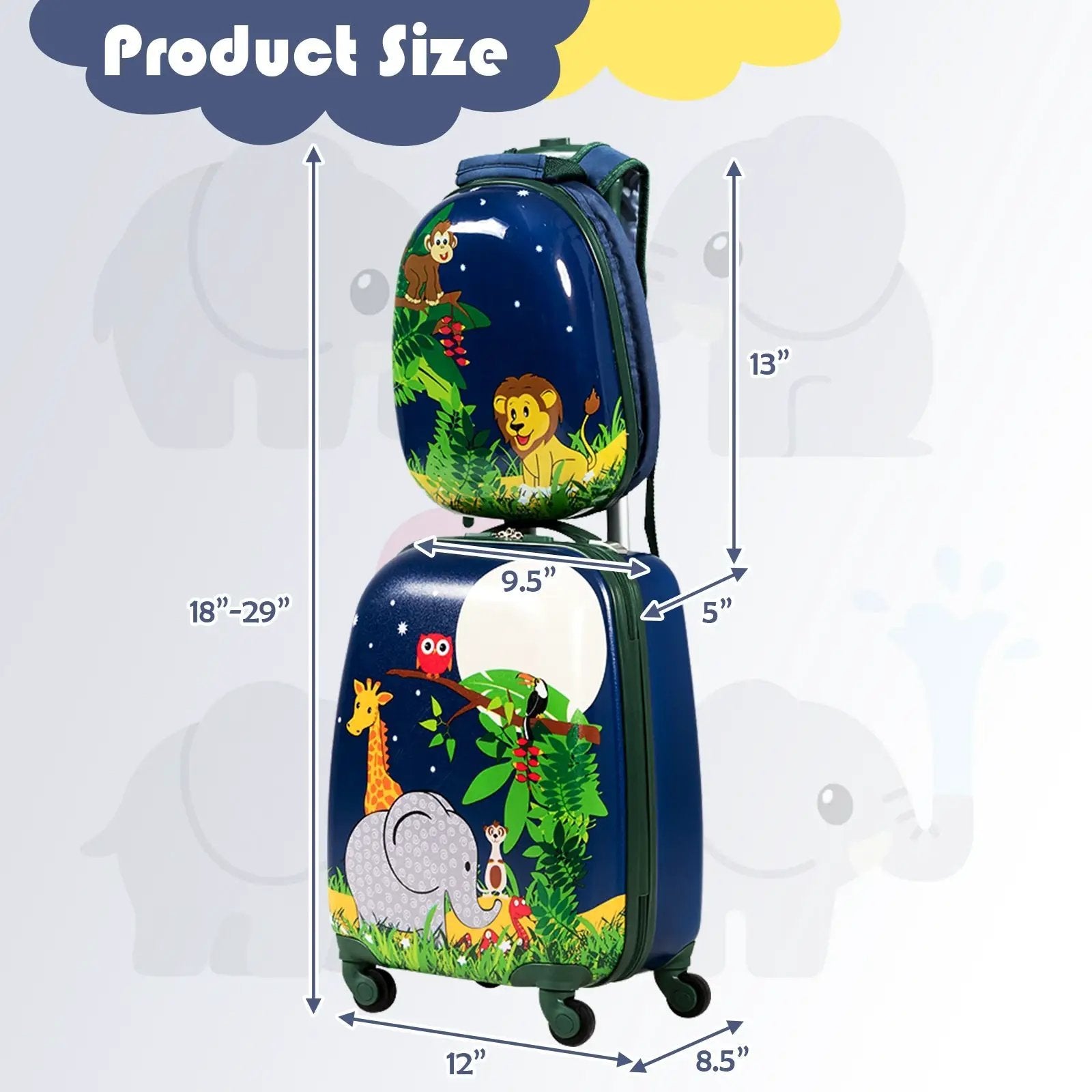 2 Pieces 12 Inch and 16 Inch Kids Carry on Suitcase Rolling Backpack School Luggage Set-Elephant by DirectDeals