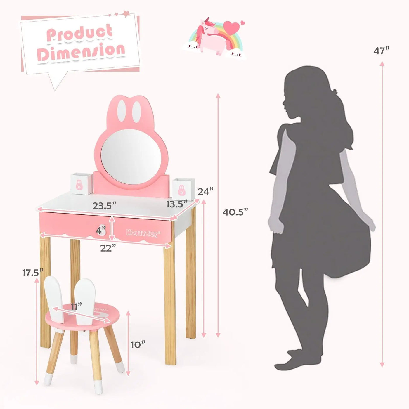 Kids Vanity Set Rabbit Makeup Dressing Table Chair Set with Mirror and Drawer by DirectDeals