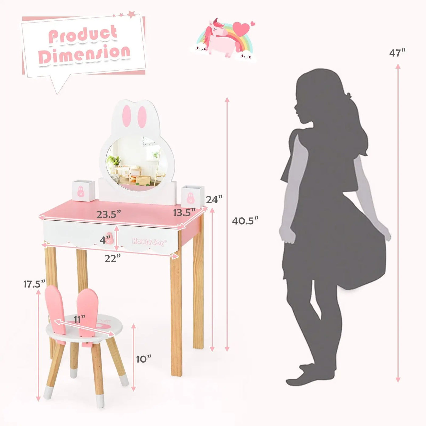 Kids Vanity Set Rabbit Makeup Dressing Table Chair Set with Mirror and Drawer by DirectDeals