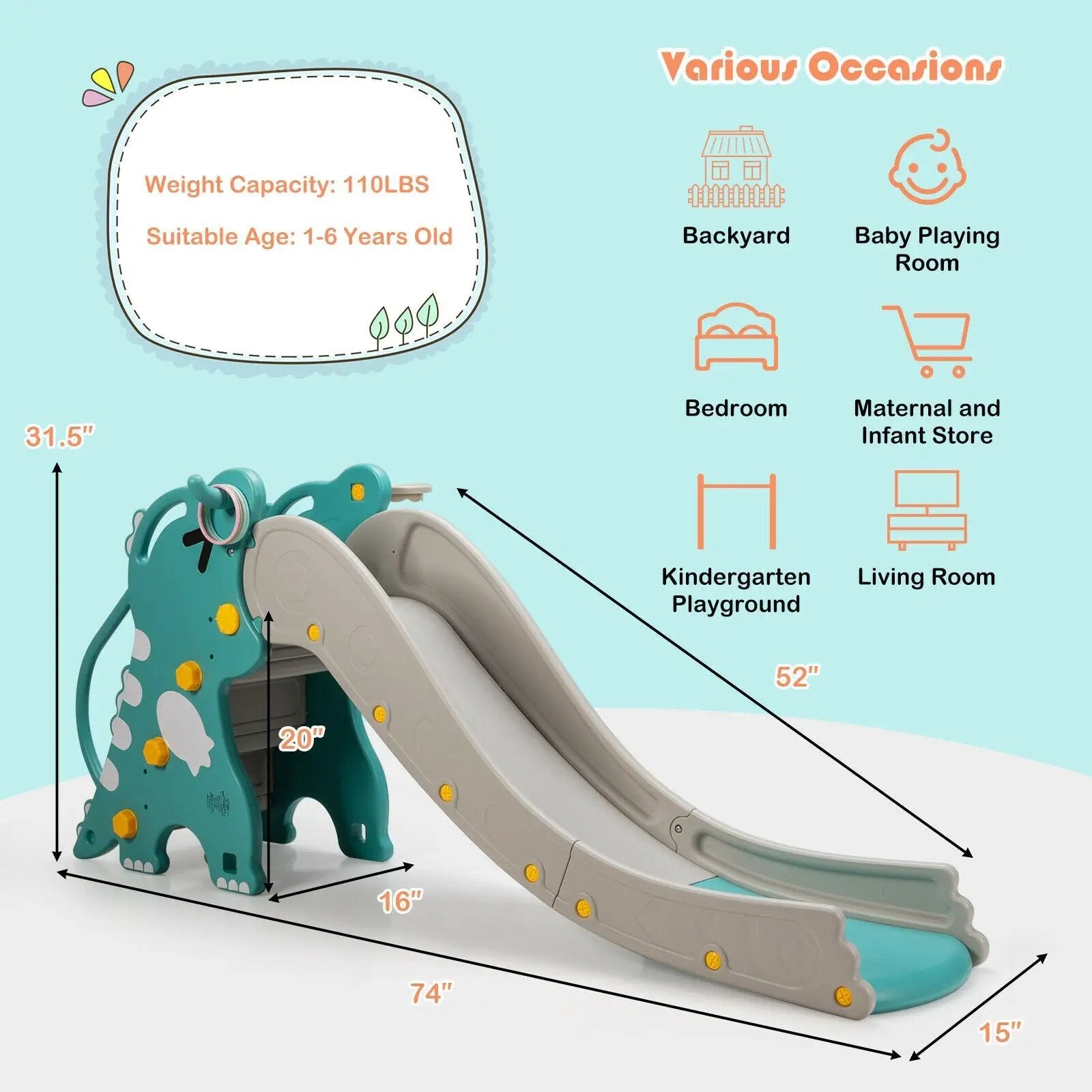 4-in-1 Kids Climber Slide Play Set with Basketball Hoop-Green by DirectDeals