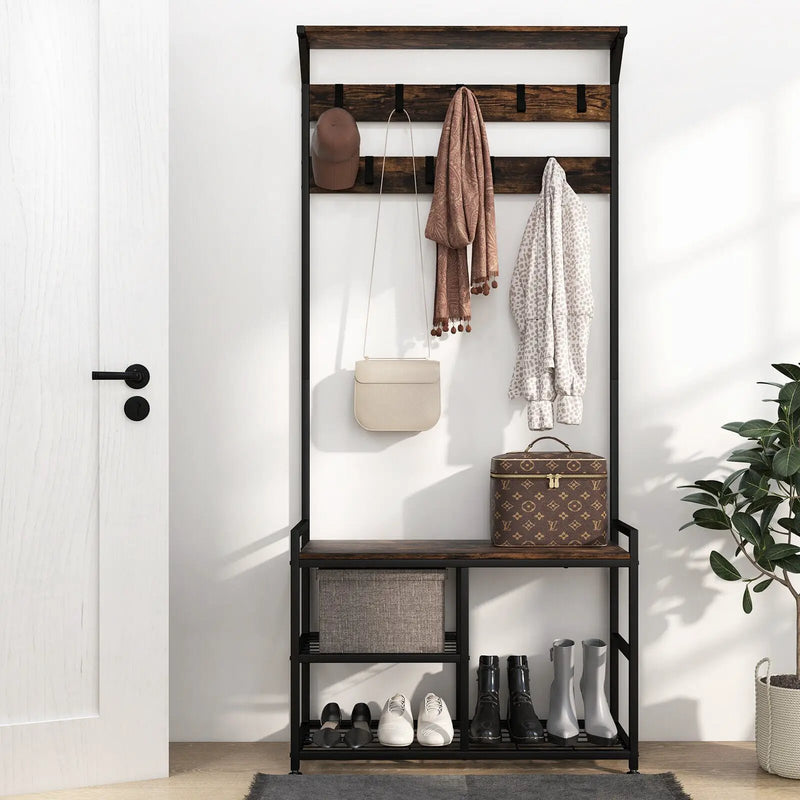 3-In-1 Industrial Coat Rack Stand with 9 Hooks Shoe Bench by DirectDeals