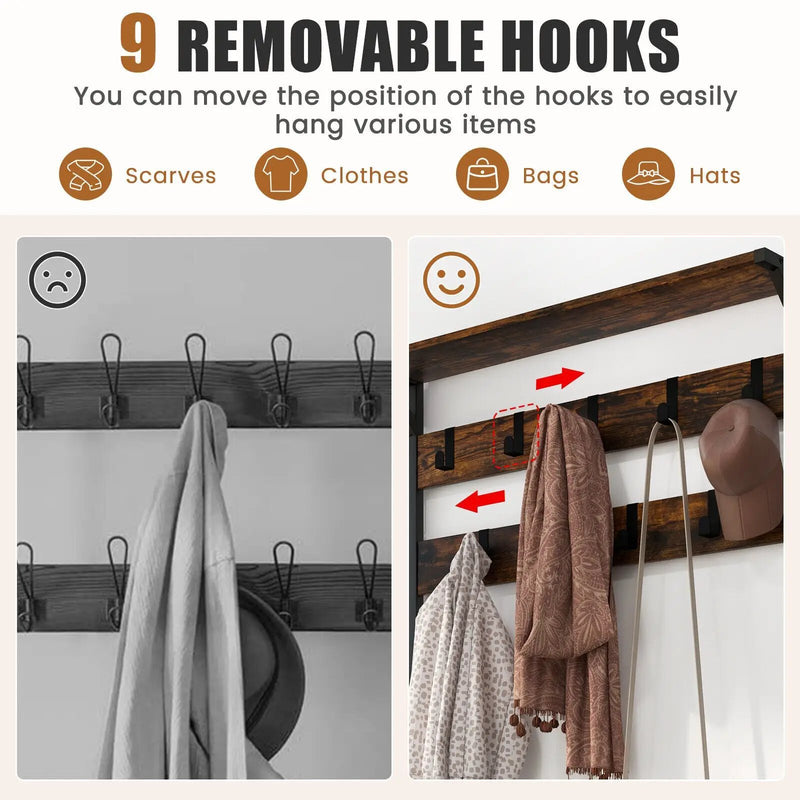 3-In-1 Industrial Coat Rack Stand with 9 Hooks Shoe Bench by DirectDeals