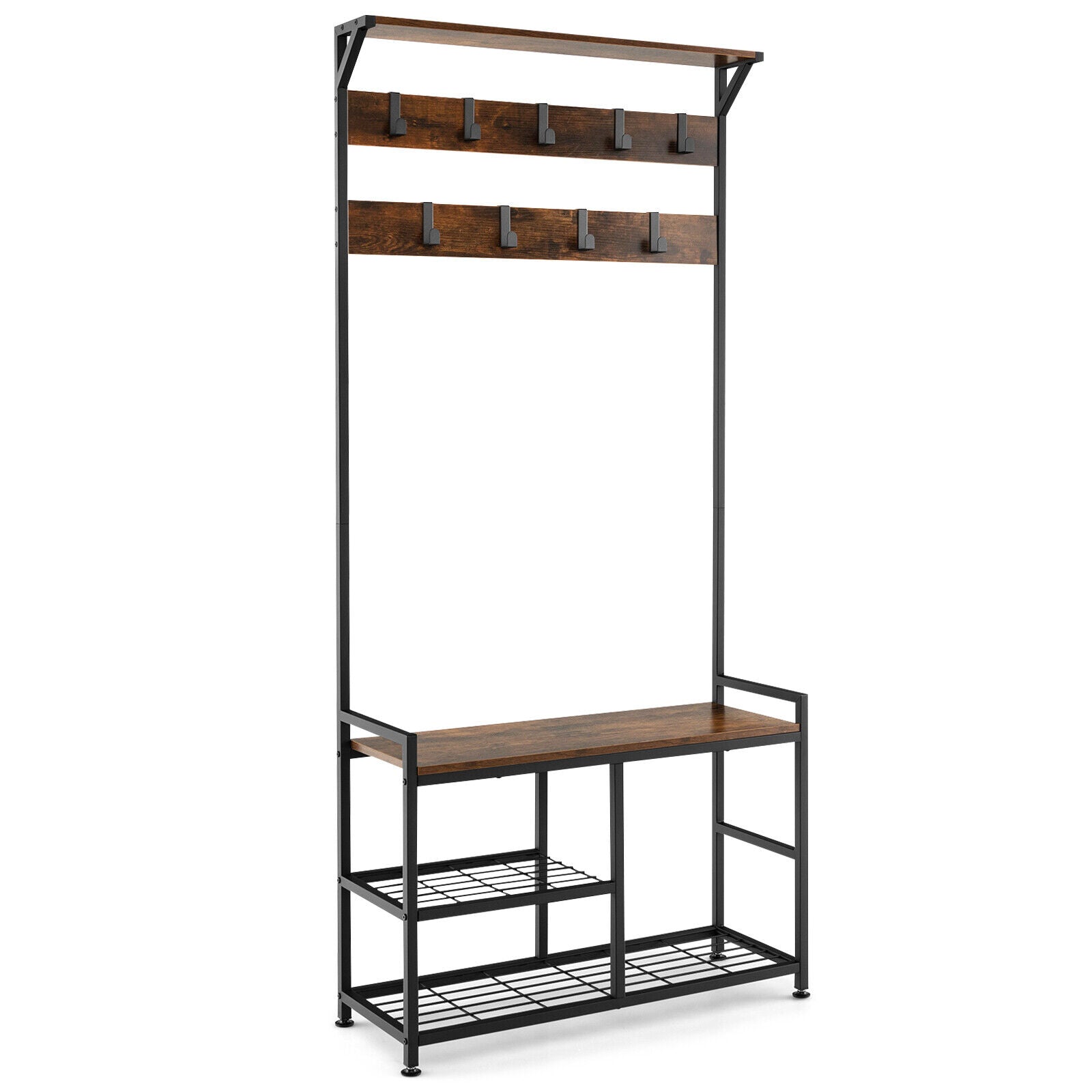 3-In-1 Industrial Coat Rack Stand with 9 Hooks Shoe Bench by DirectDeals
