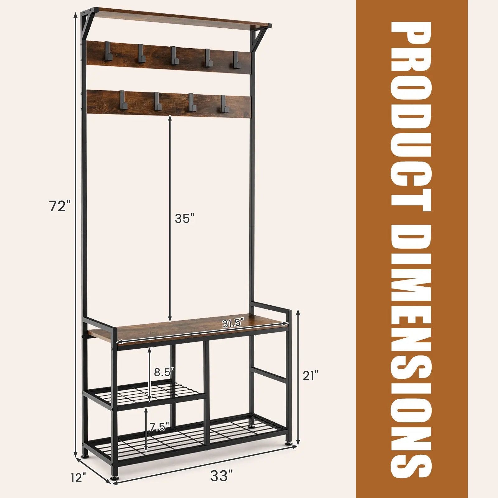 3-In-1 Industrial Coat Rack Stand with 9 Hooks Shoe Bench by DirectDeals