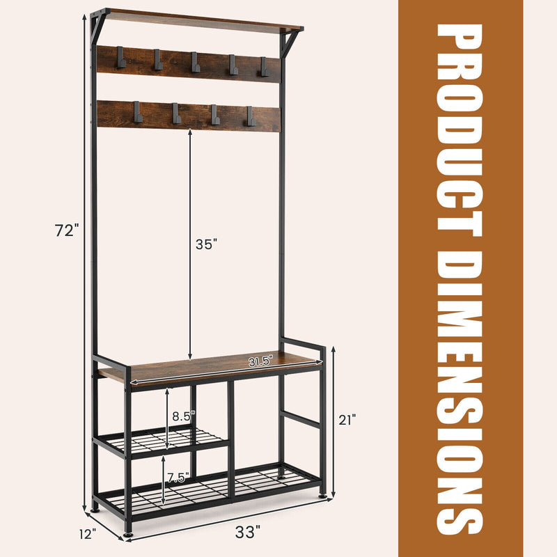 3-In-1 Industrial Coat Rack Stand with 9 Hooks Shoe Bench by DirectDeals