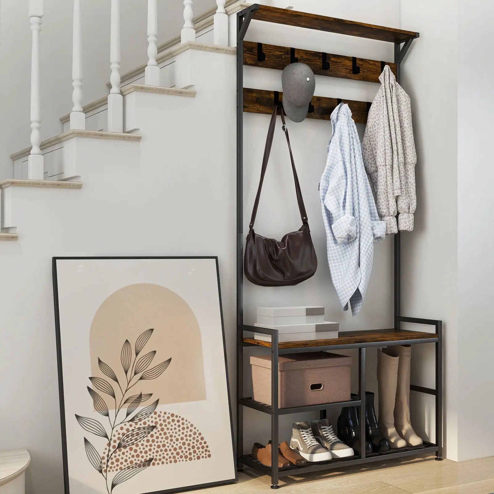 3-In-1 Industrial Coat Rack Stand with 9 Hooks Shoe Bench by DirectDeals