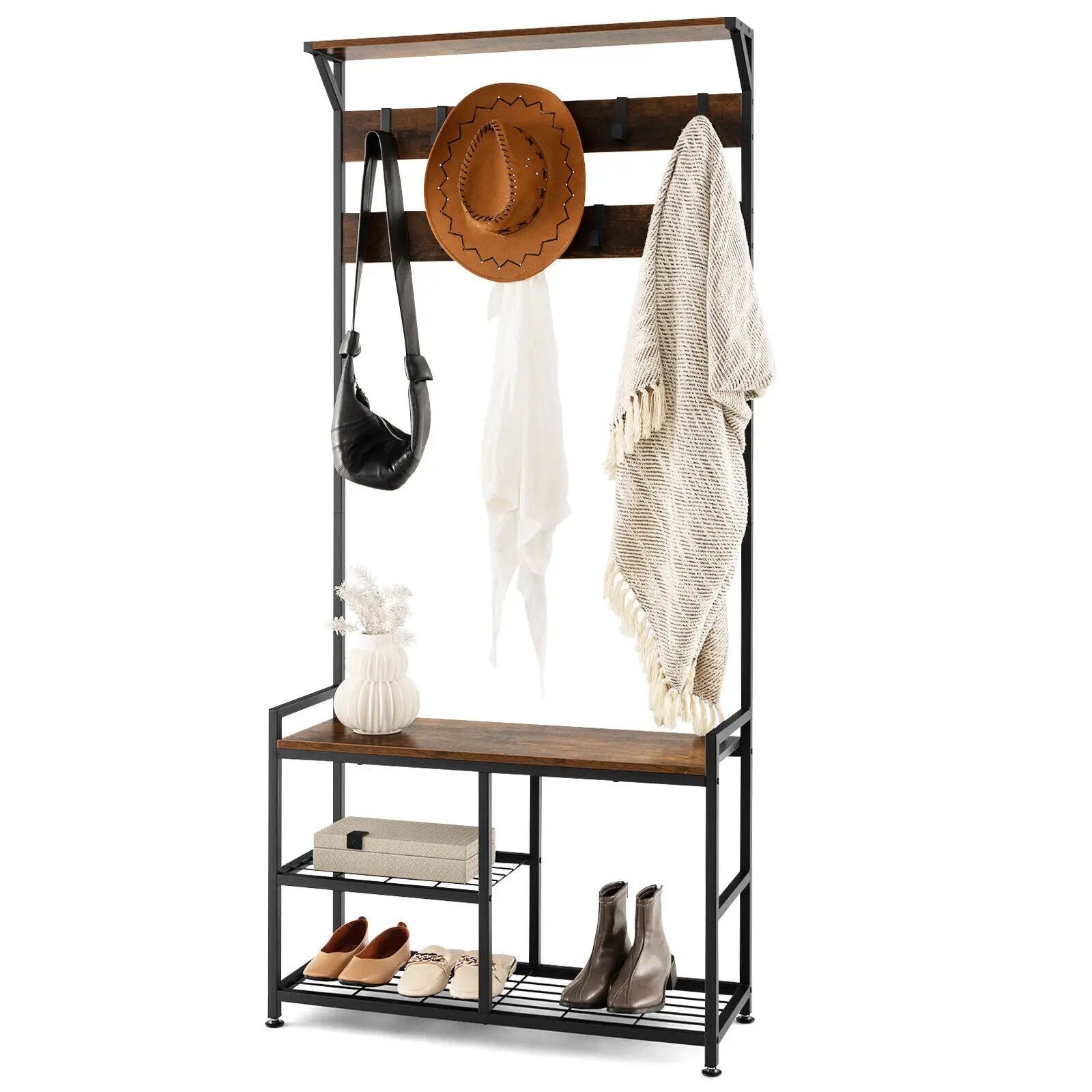 3-In-1 Industrial Coat Rack Stand with 9 Hooks Shoe Bench by DirectDeals