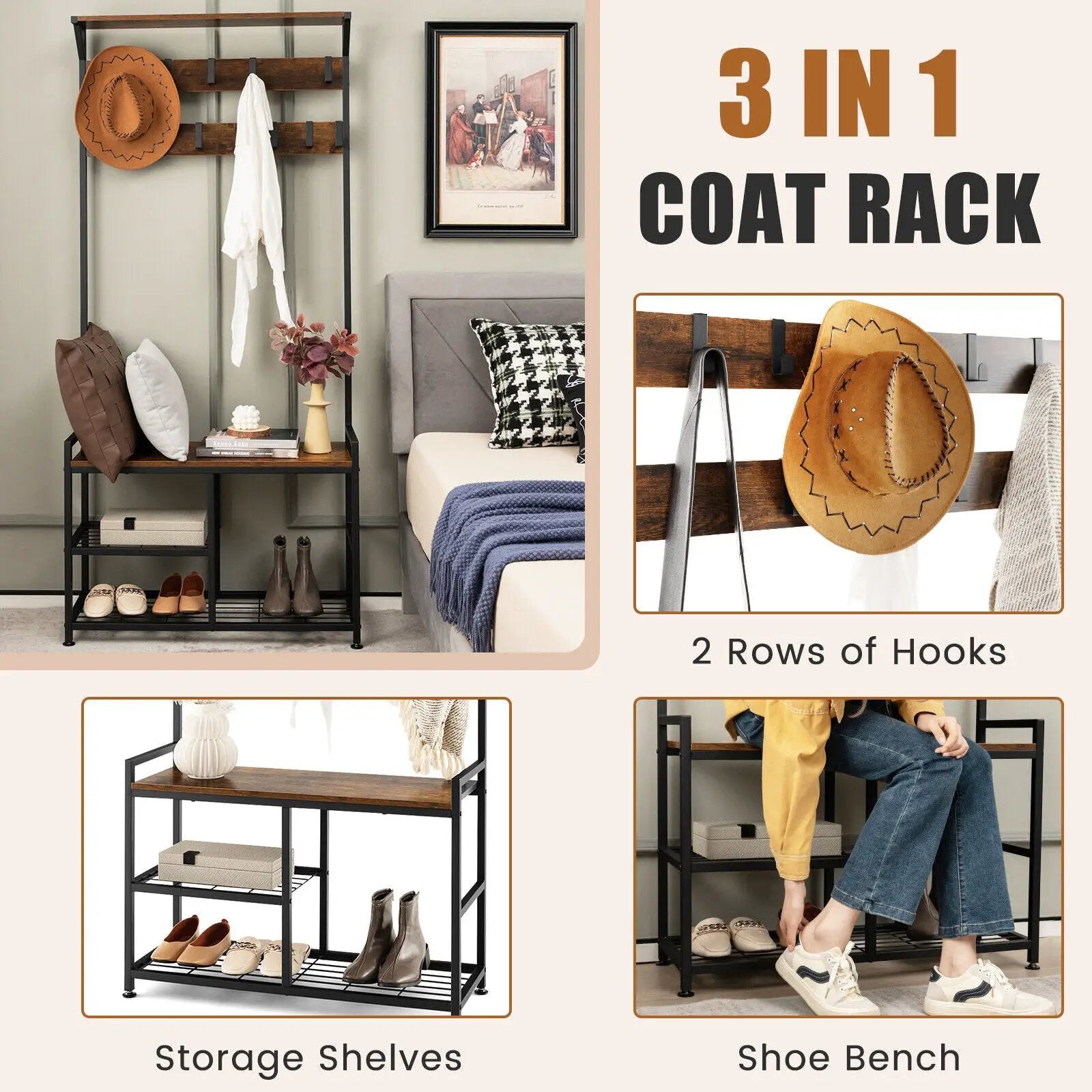 3-In-1 Industrial Coat Rack Stand with 9 Hooks Shoe Bench by DirectDeals