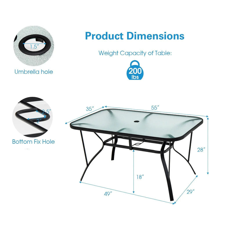 55 x 35 Inch Patio Dining Rectangle Tempered Glass Table with Umbrella Hole by DirectDeals