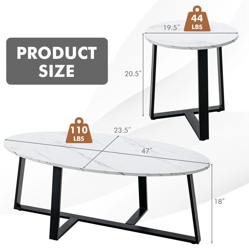 Set of 2 Modern Faux Marble Nesting Coffee Table Set with Oval and Round Table-White by DirectDeals