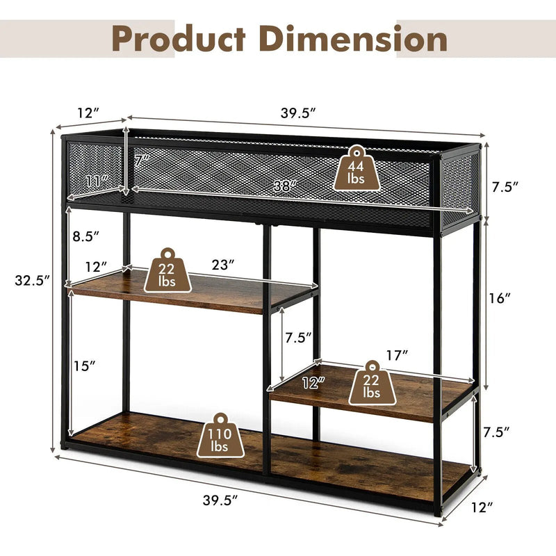 4-Tier Industrial Console Table with Wire Basket and shelf-Rustic Brown by DirectDeals