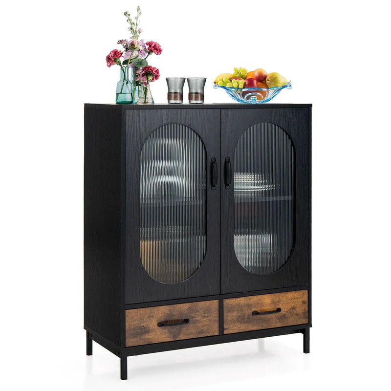 Kitchen Industrial Buffet Sideboard with Tempered Glass Doors-Black by DirectDeals