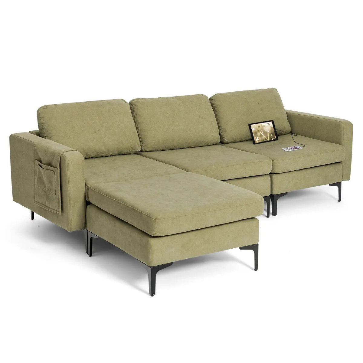Modular 3-Seat L-shaped Sectional Sofa with Reversible Chaise and 2 USB Ports-Green by DirectDeals