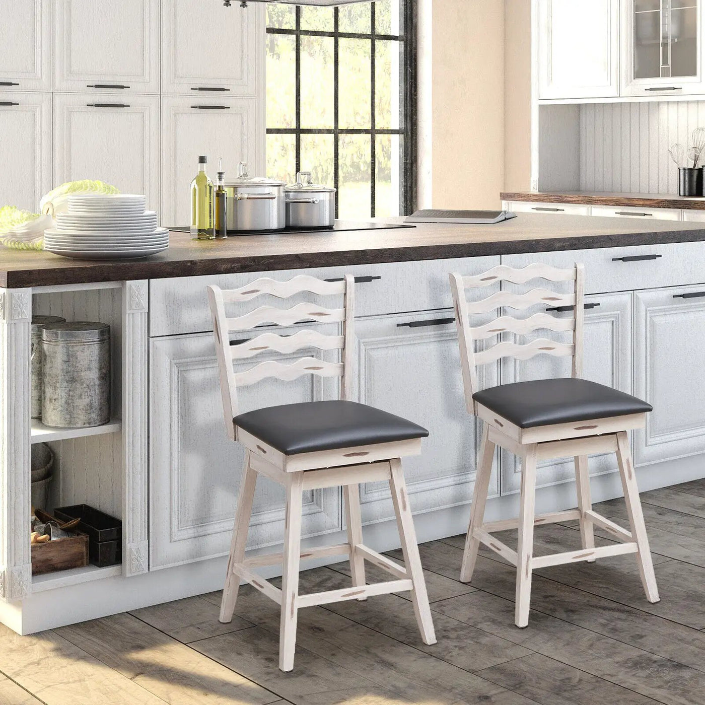 360° Swivel Bar Stools with Rubber Wood Frame and Ergonomic Backrest and Footrest by DirectDeals