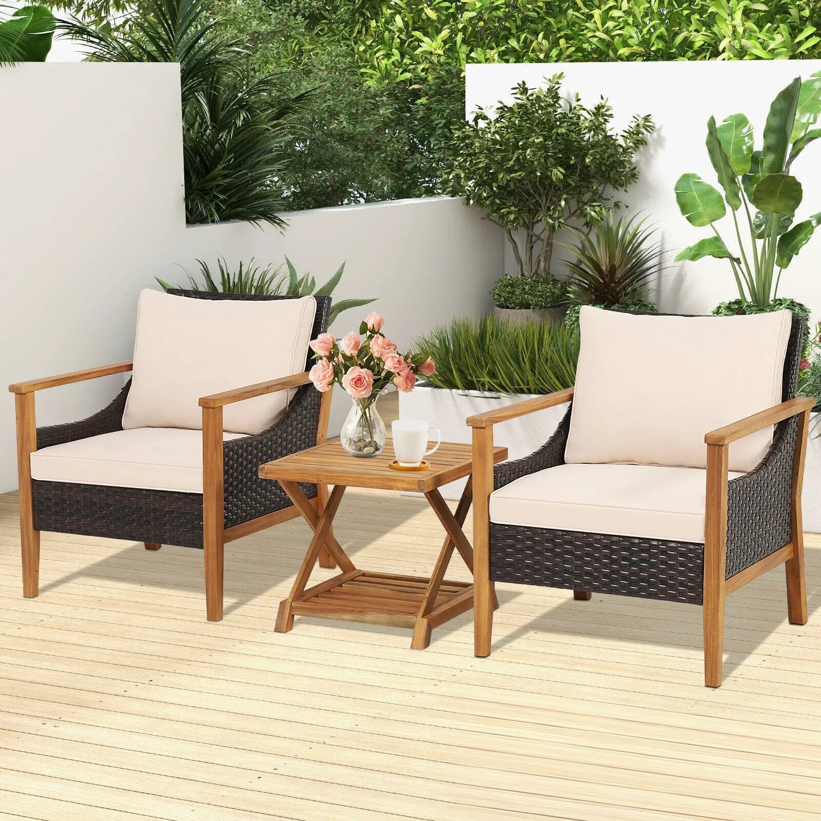 3 Pieces Patio Wicker Furniture Set with 2-Tier Side Table and Cushioned Armchairs-Natural by DirectDeals