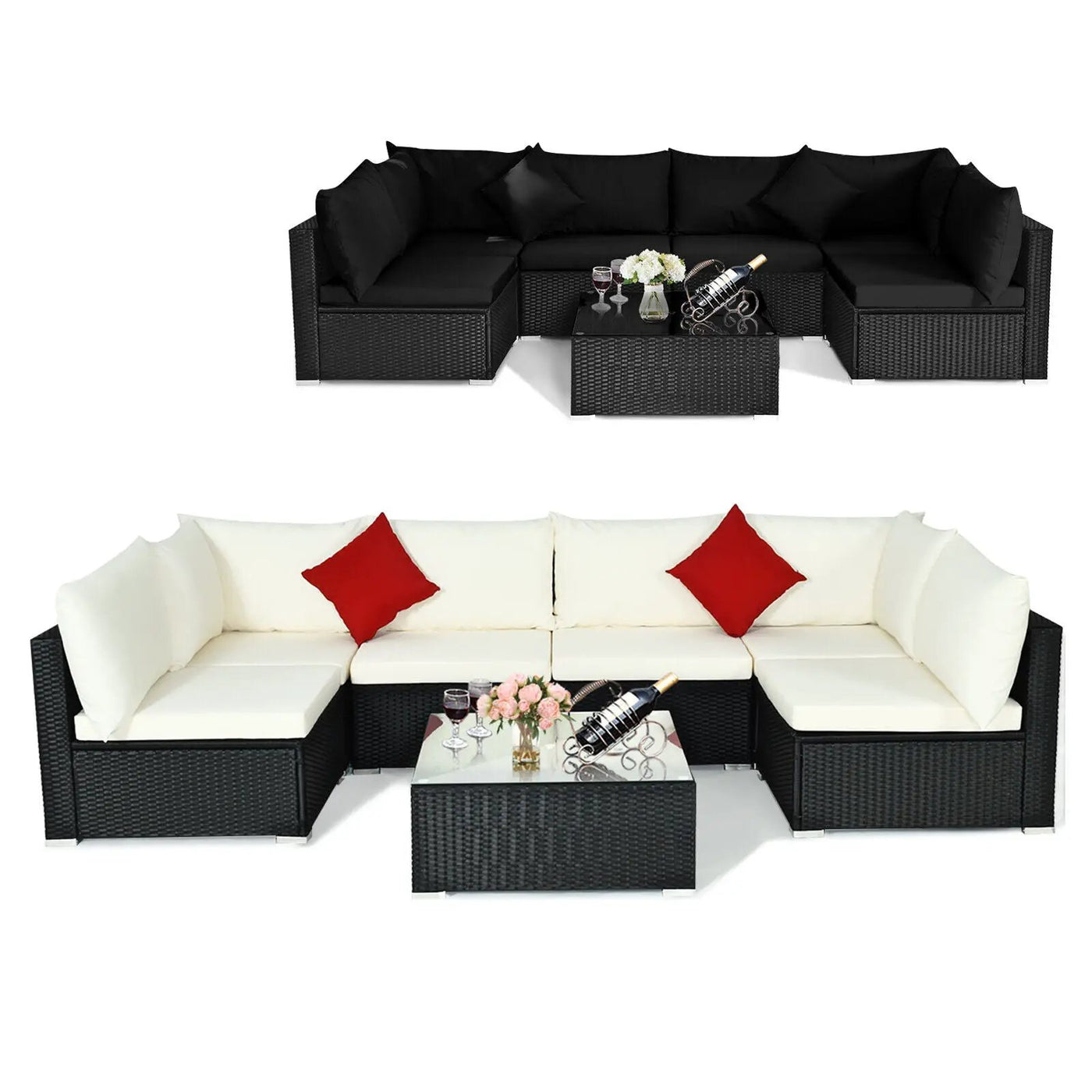 7 Pieces Sectional Wicker Furniture Sofa Set with Tempered Glass Top-Red by DirectDeals